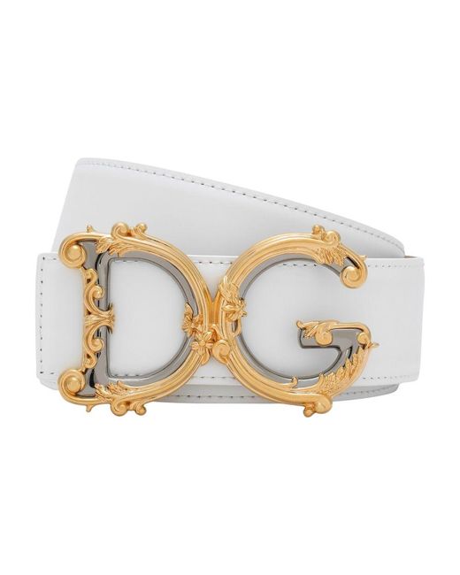 Dolce & Gabbana White Leather Belt With Baroque Dg Logo