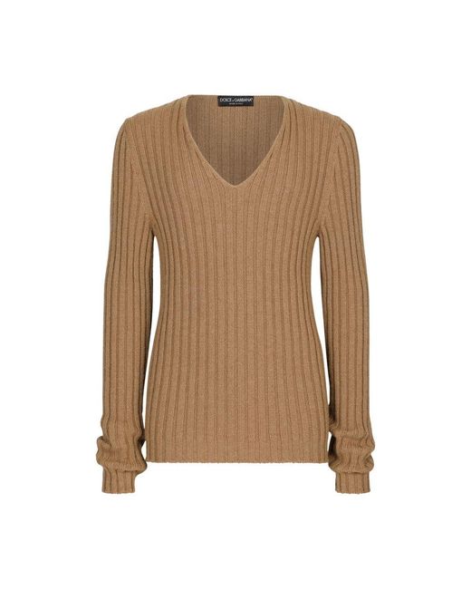 Dolce & Gabbana Brown Camel Hair Ribbed V-neck Sweater for men