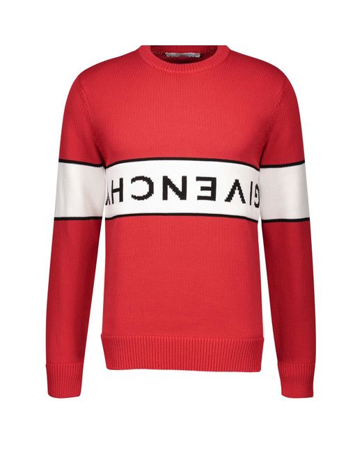 Givenchy Red Cotton Sweater With Upside Down Logo Inlaid On The White High Stripe. for men