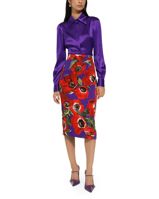Dolce & Gabbana Red Charmeuse Calf-Length Skirt