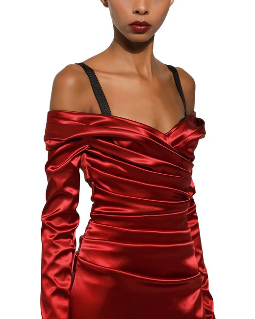 Dolce & Gabbana Red Satin Draped Calf-length Dress