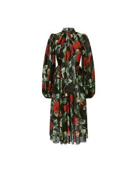Dolce & Gabbana Green Textured Chiffon Calf-Length Dress