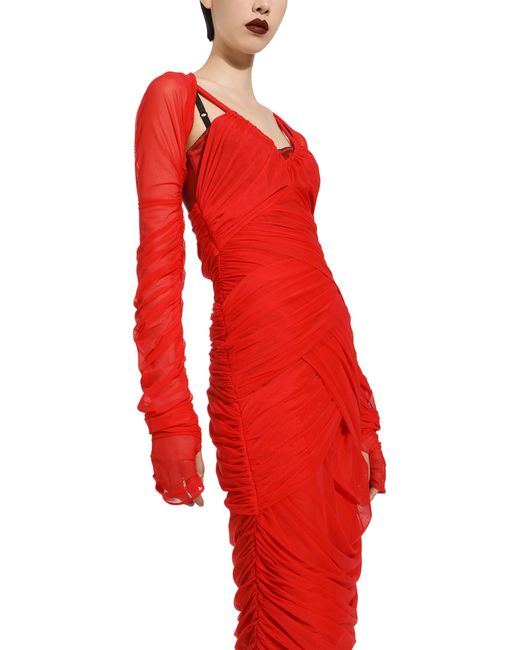 Dolce & Gabbana Red Draped Midi Dress In Stretch Tulle
