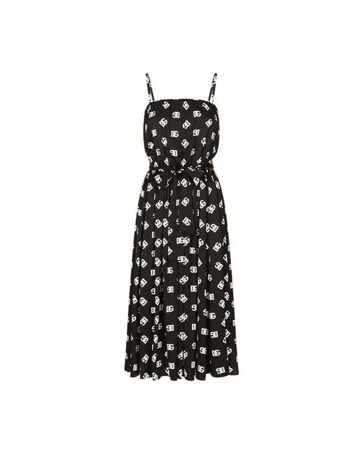 Dolce & Gabbana Black Dg Print Pleated Dress