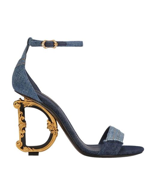 Dolce & Gabbana Blue Patchwork Denim Sandals With Baroque Dg Heel