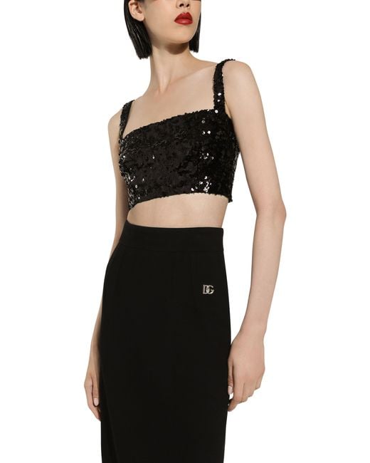 Dolce & Gabbana Black Sequined Crop Top With Straps