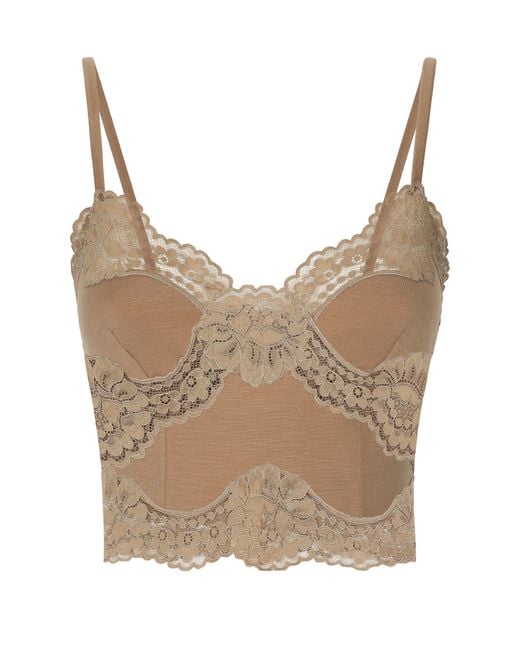 Dolce & Gabbana Natural Wool Jersey Lingerie Crop Top With Lace