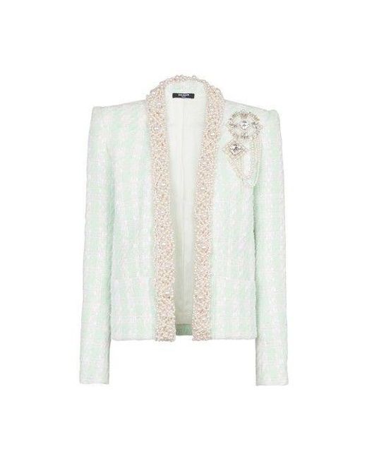 Balmain Tweed Spencer Jacket With Embroidery in White | Lyst