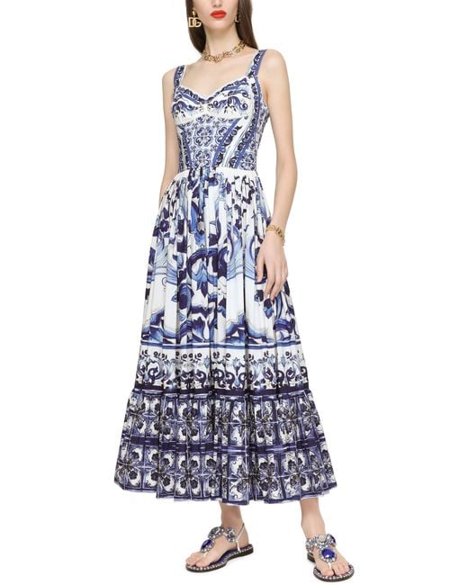 Dolce & Gabbana Blue Bustier Long Dress In Majolica Print Poplin