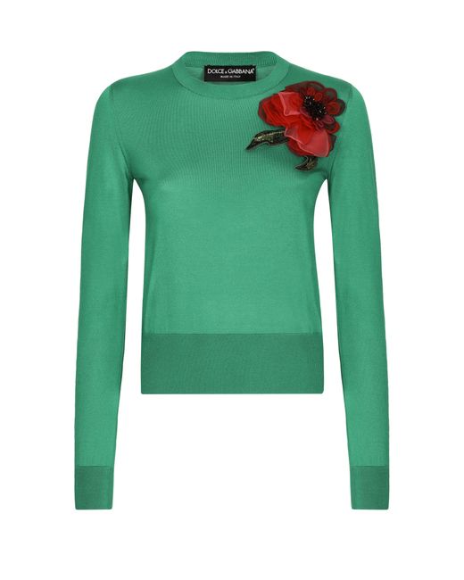 Dolce & Gabbana Green Pullover aus Seide mit Blumen-Applikation