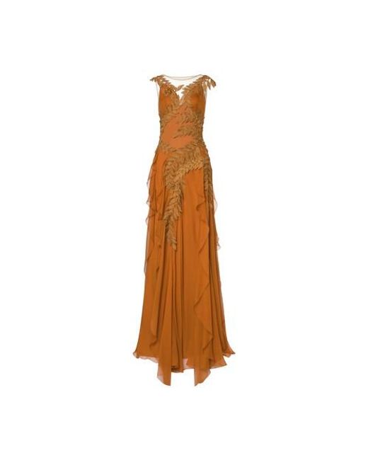 Alberta Ferretti Brown Eco-friendly Chiffon Dress With Floral Pattern Lace
