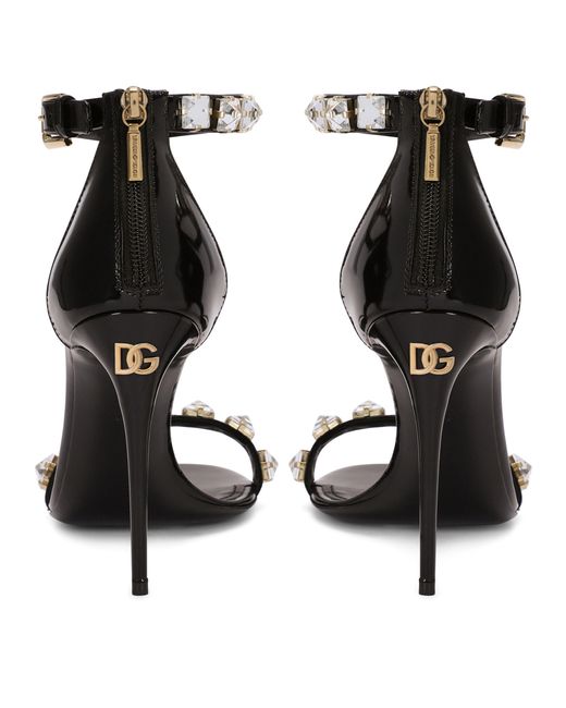 Dolce & Gabbana Black Sandalen aus poliertem Kalbsleder mit Strasssteinen