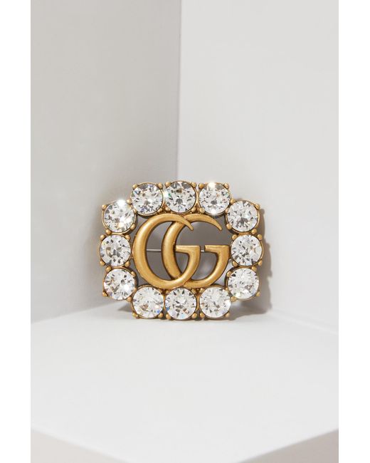 Gucci Metallic Metal Double G Brooch With Crystals