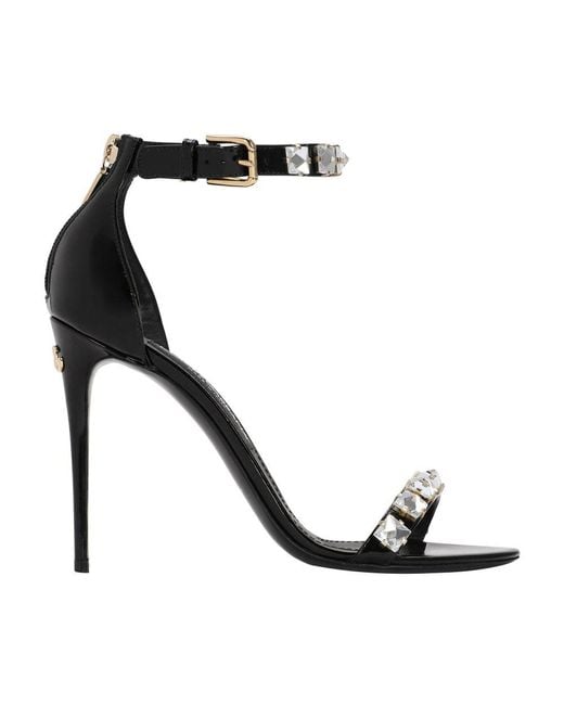Dolce & Gabbana Black Polished Calfskin Sandals With Rhinestones