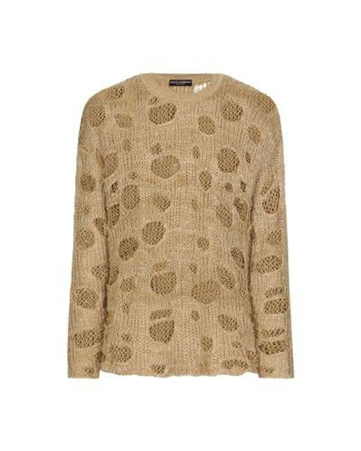 Dolce & Gabbana Natural Linen And Silk Crewneck Sweater With Distressed Details for men