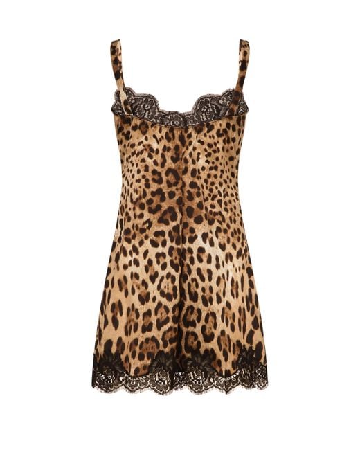 Dolce & Gabbana Brown Leopard-Print Satin Lingerie Slip With Lace Detailing