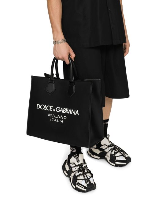 Dolce & Gabbana Großer Shopper aus Nylon mit gummiertem Logo in Black für Herren