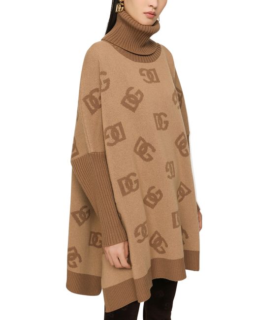 Dolce & Gabbana Brown Short Wool Turtle-Neck Poncho With Dg Inlay