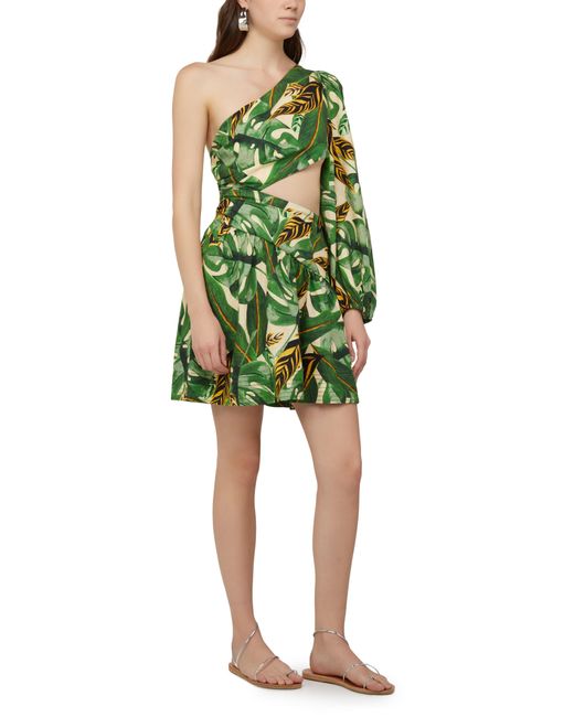 Farm Rio Green One-sleeve Cutout Printed Linen-blend Mini Dress