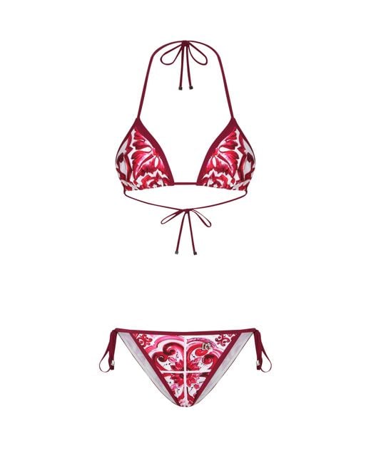 Dolce & Gabbana Red Majolica Print Triangle Bikini