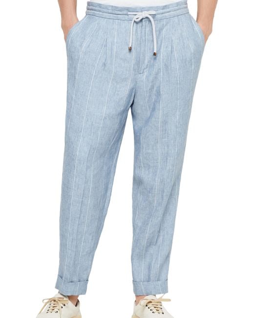 Brunello Cucinelli Blue Tapered-leg Striped Linen Trousers for men