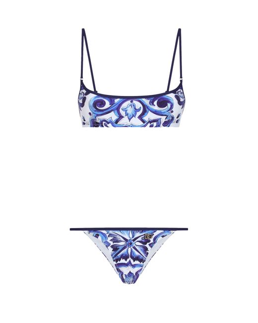 Dolce & Gabbana Blue Bikini aus Spandex-Jersey mit Majolika-Print