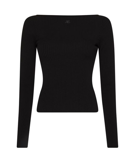 Courreges Black Rib Knit Sweater With Bare Shoulders