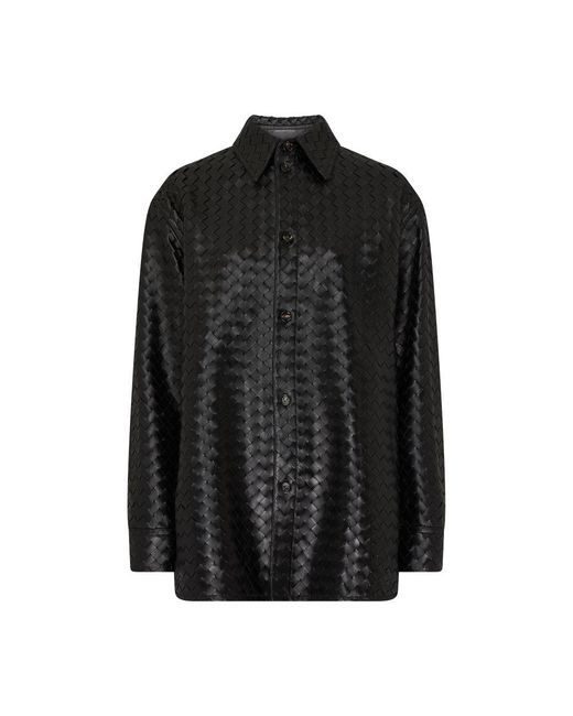 Bottega Veneta Black Intrecciato Casual Leather Shirt