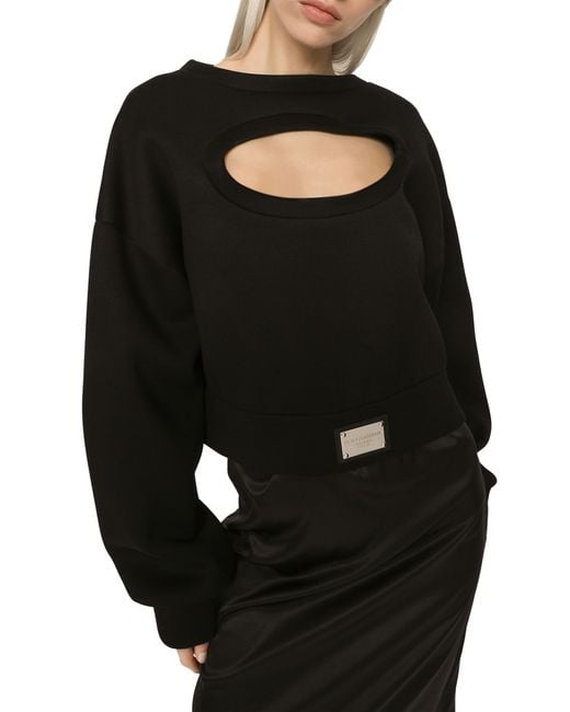 Dolce & Gabbana Black Sweatshirt Aus Funktionsjersey Mit Cut-Out Und Plakette
