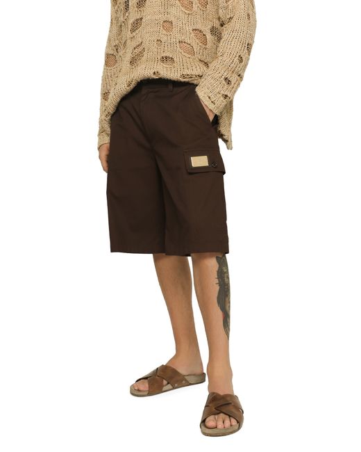 Dolce & Gabbana Brown Cotton Cargo Bermuda Shorts With Logo Plaque for men