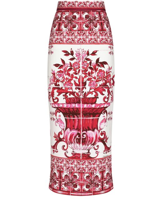 Dolce & Gabbana Red Majolica-Print Charmeuse Calf-Length Skirt