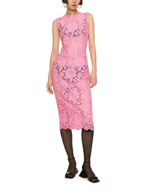 Dolce & Gabbana Pink Branded Stretch Lace Calf-Length Dress