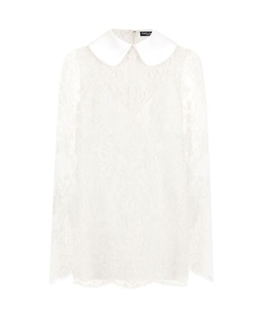 Dolce & Gabbana White Kurzes Kleid aus Spitze mit Satin-Kragen
