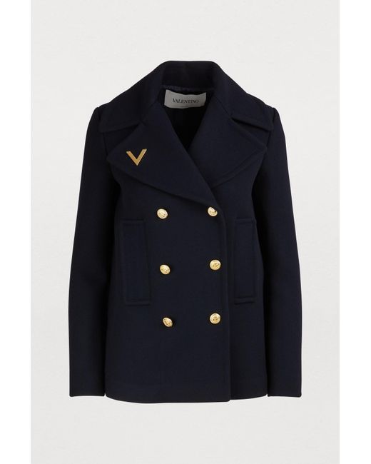 Valentino wool ピーコート Valentino Logo Embroidered Peacoat in Blue | Lyst