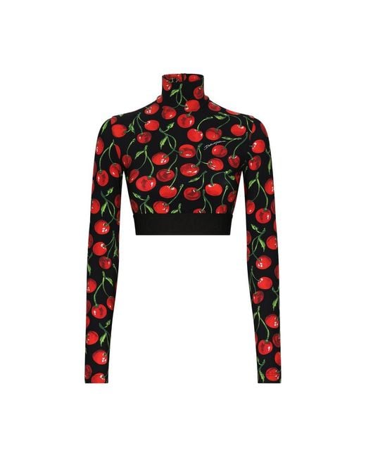 Dolce & Gabbana Red High Collar Jersey Technical Top With Logo Elastic Band And Cherry Print