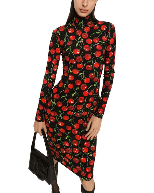 Dolce & Gabbana Red Midi-Kleid aus Jersey mit langen Ärmeln