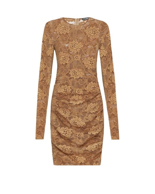 Dolce & Gabbana Brown Kurzes Kleid aus floralem Spitzenstoff