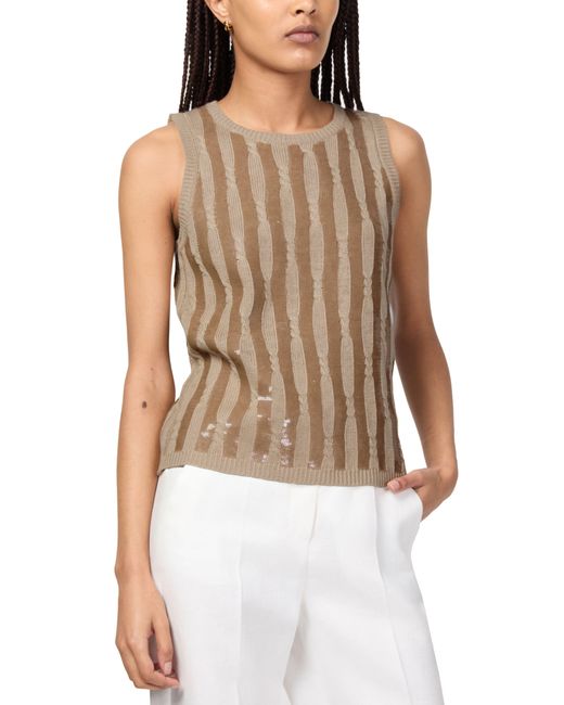 Max Mara Brown Golia Linen Knitted Tank Top With Embroidered Sequin