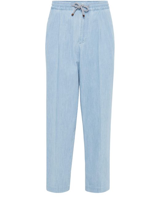 Brunello Cucinelli Blue Leisure Fit Trousers With Double Pleats for men
