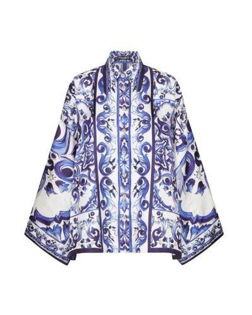 Dolce & Gabbana Blue Maiolica Printed Twill Shirt With Slits