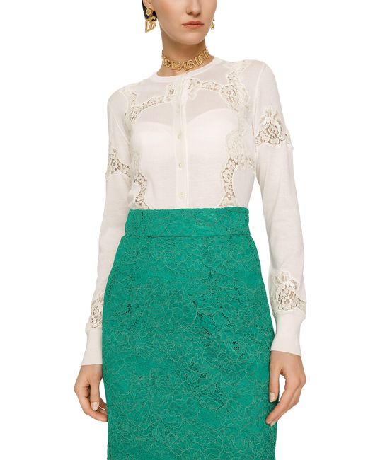 Dolce & Gabbana White Cashmere And Silk Cardigan With Lace Inlay