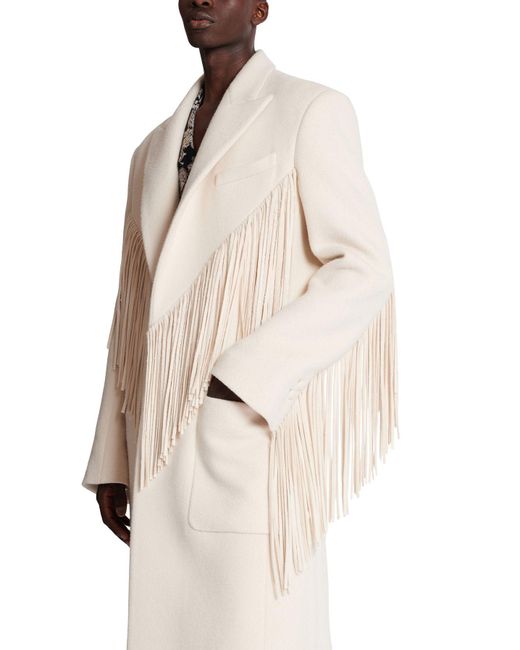 Balmain Long Fringed Wool And Cashmere Unisex Coat in Natural