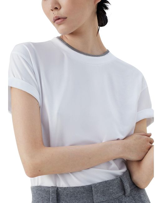 Brunello Cucinelli White T-Shirt aus Baumwoll-Jersey mit Overlay-Effekt