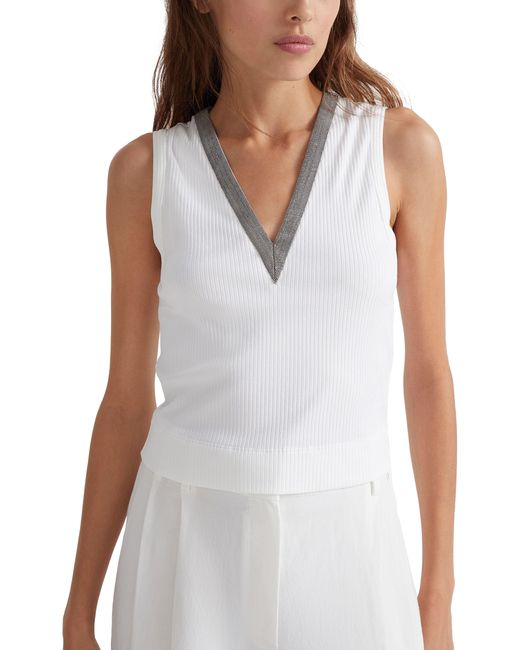 Brunello Cucinelli White Ribbed Jersey Top