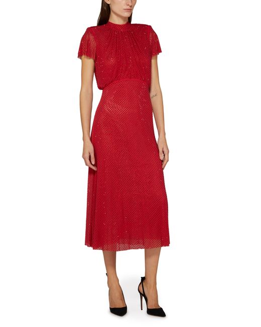 Self-Portrait Red Rhinestone Mesh Midi Dress