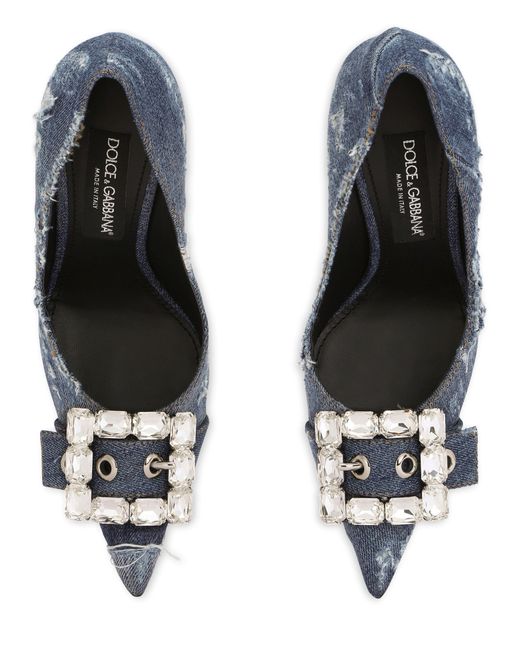 Escarpins en denim patchwork à boucleà strass Dolce & Gabbana en coloris Blue