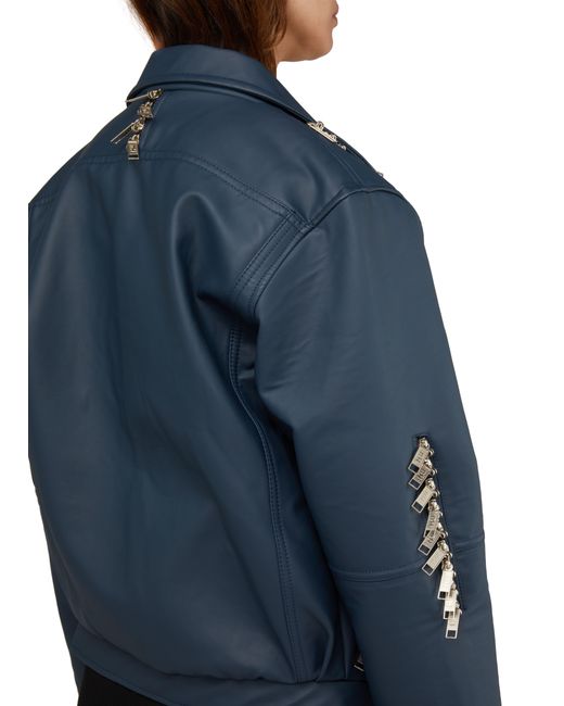 TOKYO JAMES Blue Vegan Leather Cropped Biker Jacket