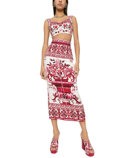 Dolce & Gabbana Red Majolica-Print Charmeuse Calf-Length Skirt