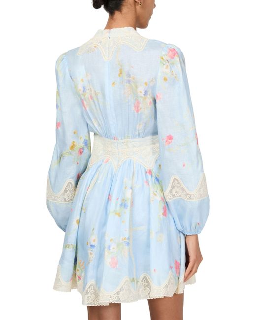 Zimmermann Blue Minikleid Lucky Mit Plunge-Ausschnitt Und Spitze