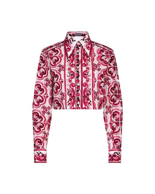 Dolce & Gabbana Red Cropped Majolica-Print Poplin Shirt